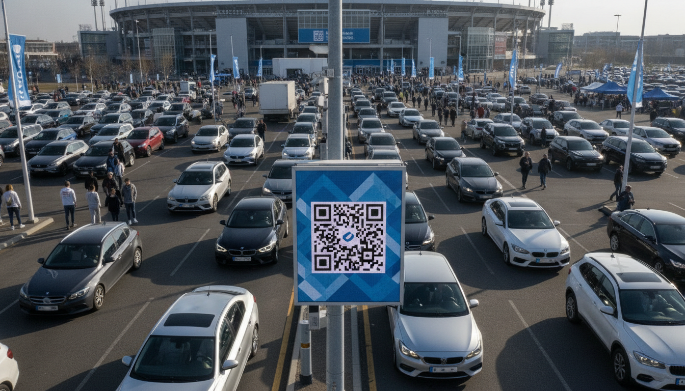 A large event parking lot near a stadium with a QR code prepayment sign at the entrance and a license plate recognition camera on a pole, cars arriving, daytime event atmosphere
