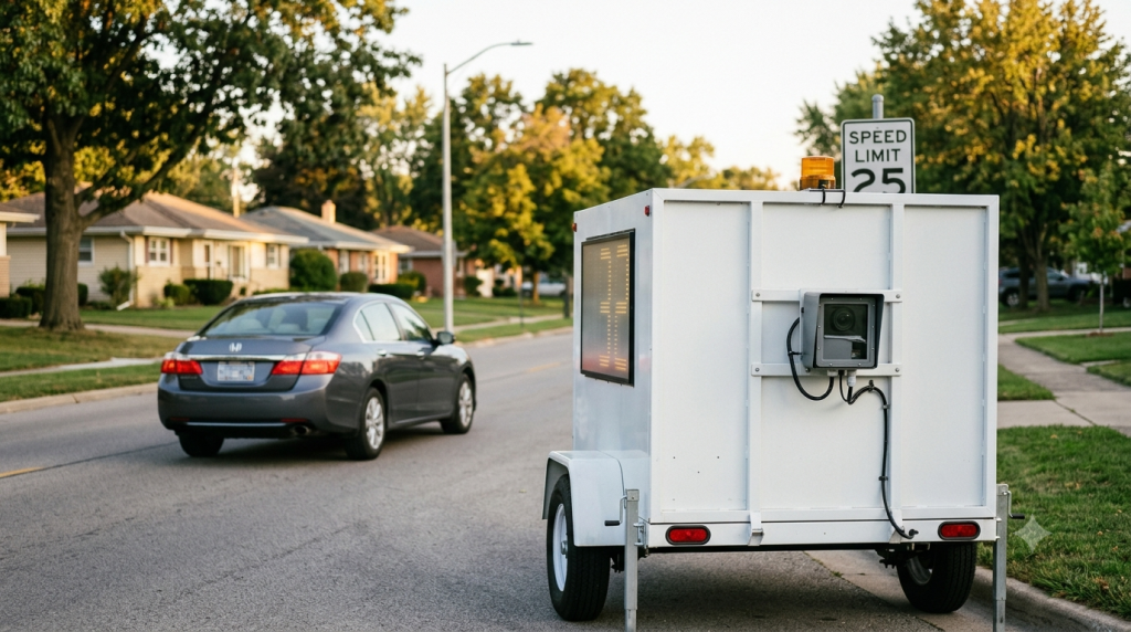 Mobile speed display trailer with a camera module mounted behind the sign