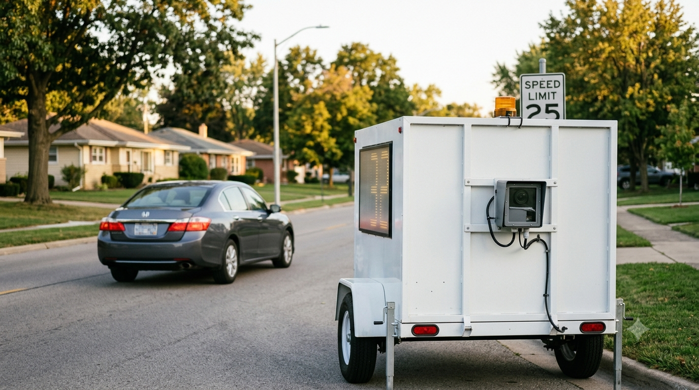 Mobile speed display trailer with a camera module mounted behind the sign