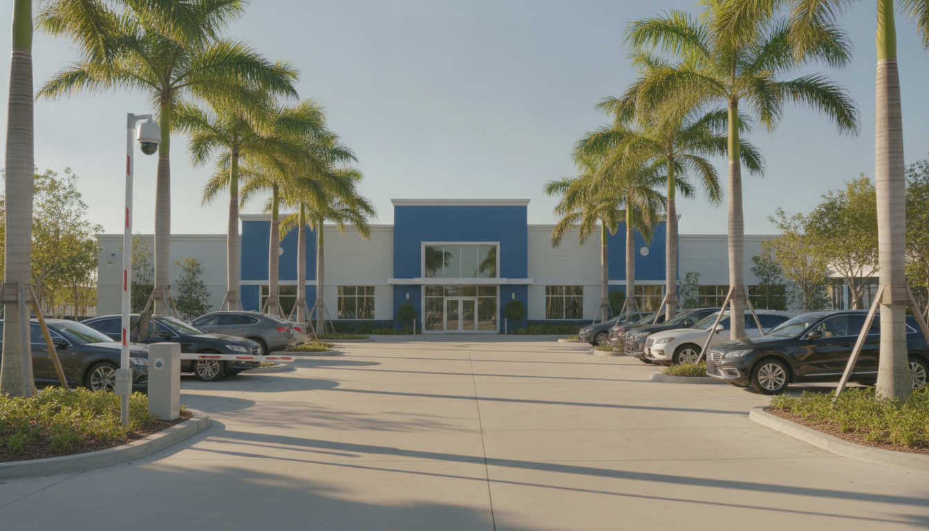 A Florida homeowners association clubhouse parking area lined with palm trees, a license plate recognition camera mounted on a post, warm bright sunny day