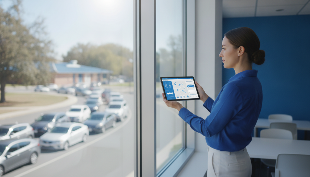 A school front office staff member holding a tablet showing a vehicle recognition dashboard, looking out a window at a line of cars in a school pickup lane, daytime