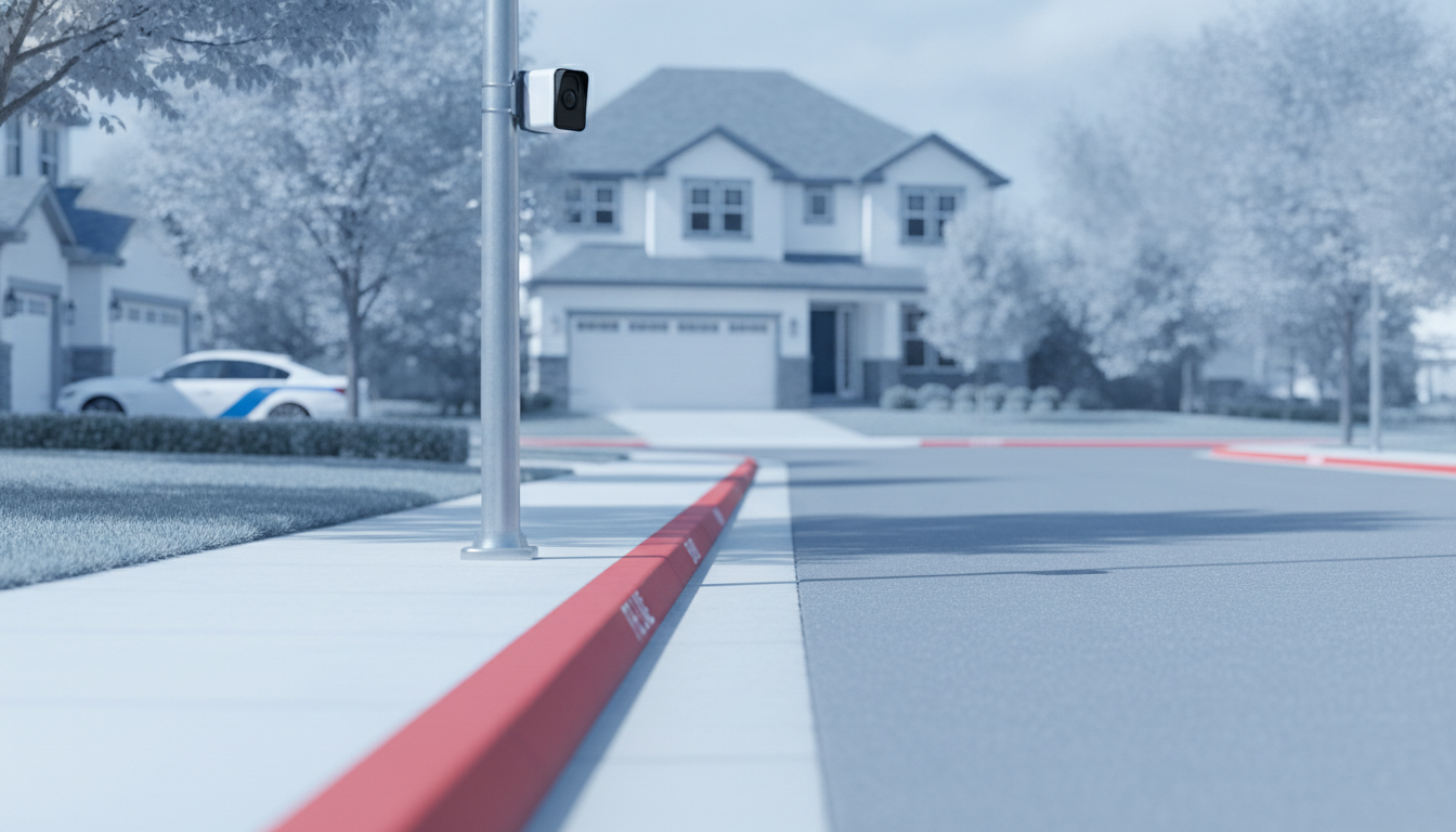 A residential neighborhood street with a clearly painted red fire lane curb, a small license plate recognition camera mounted on a nearby pole, suburban houses in the background, bright day