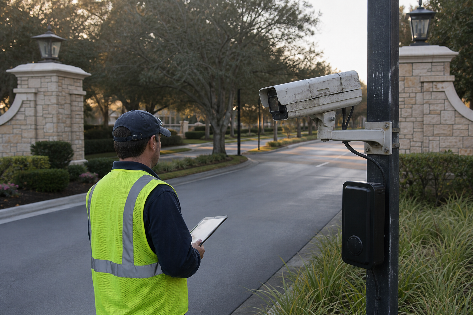 HOA maintenance professional inspecting a vandalized license plate recognition camera