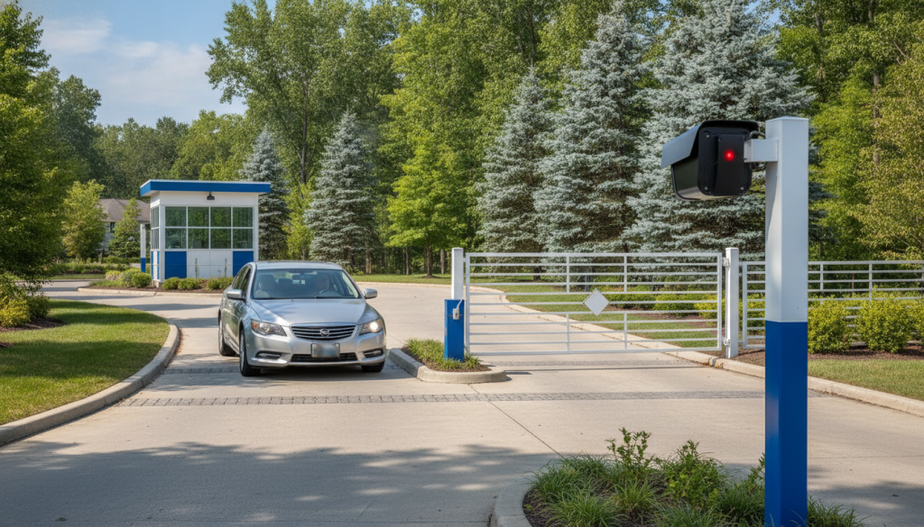 A gated residential community entrance with a license plate recognition camera mounted beside the gate, scanning an approaching visitor's car, suburban landscaping, bright day