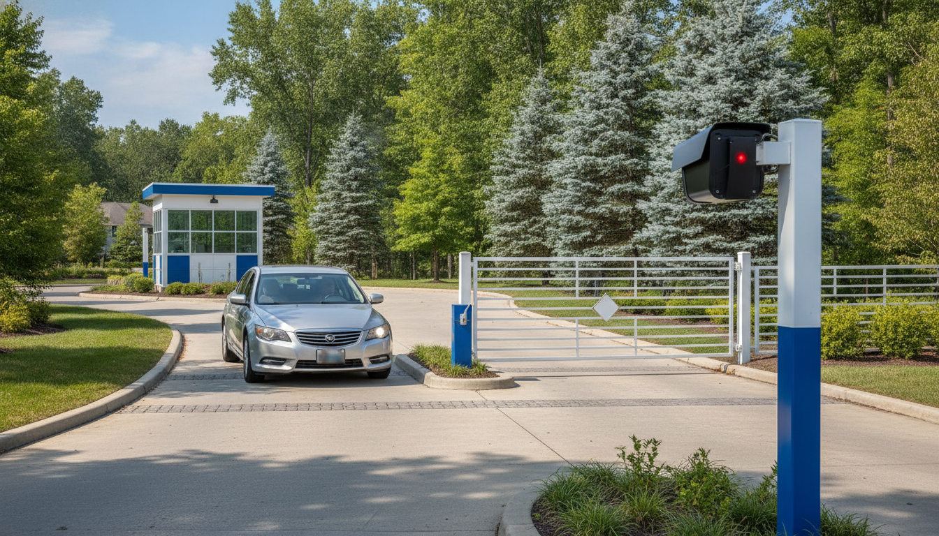 A gated residential community entrance with a license plate recognition camera mounted beside the gate, scanning an approaching visitor's car, suburban landscaping, bright day