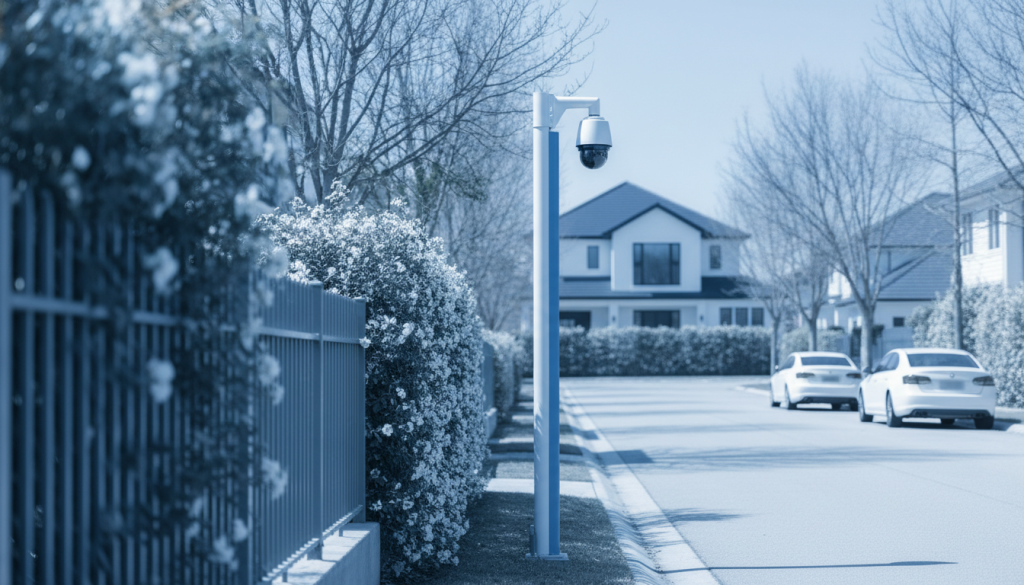 A quiet suburban residential street with a license plate recognition camera mounted on a pole, a subtle metal privacy fence and hedge in the foreground softly blurred, calm daylight, editorial tone