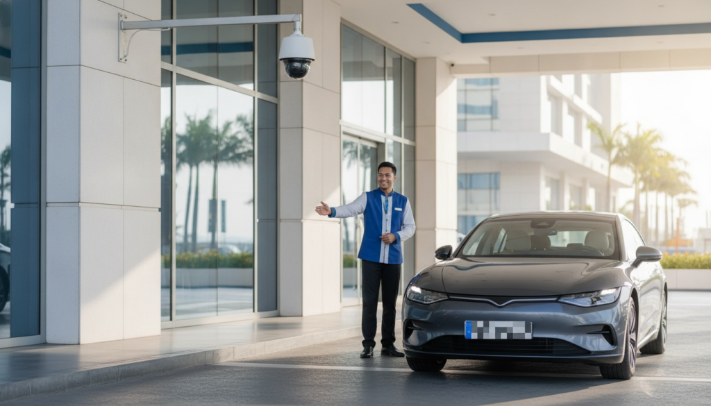A hotel valet stand where an attendant waves a car forward with no paper ticket in hand, an overhead license plate recognition camera mounted above the entrance, upscale hotel facade
