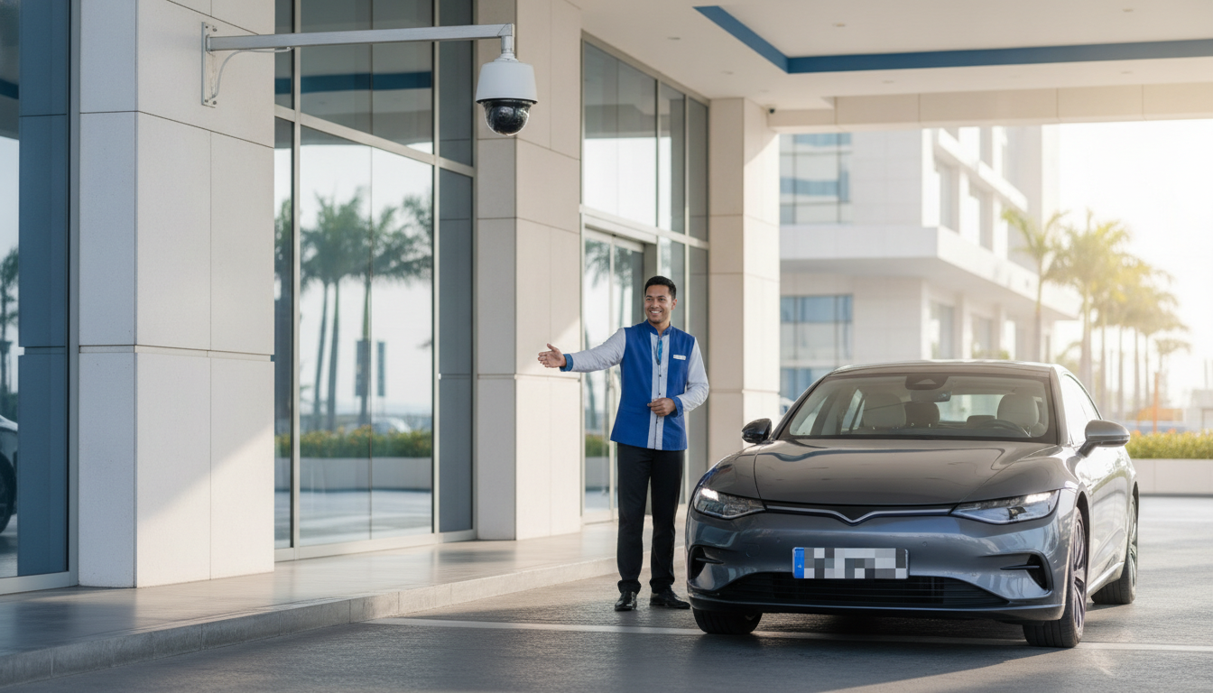 A hotel valet stand where an attendant waves a car forward with no paper ticket in hand, an overhead license plate recognition camera mounted above the entrance, upscale hotel facade