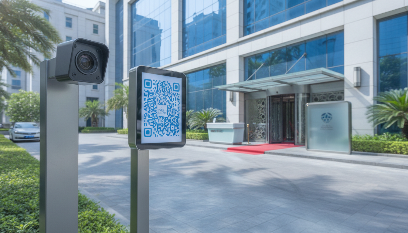 A hotel self-parking entrance with a license plate recognition camera and a QR code payment sign side by side, valet stand nearby, upscale hotel exterior, daylight