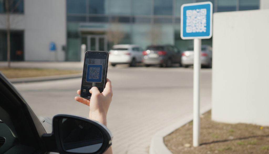 A driver's hand holding a smartphone scanning a QR code sign mounted on a simple pole at a small private parking lot entrance, no payment kiosk visible, sunny day
