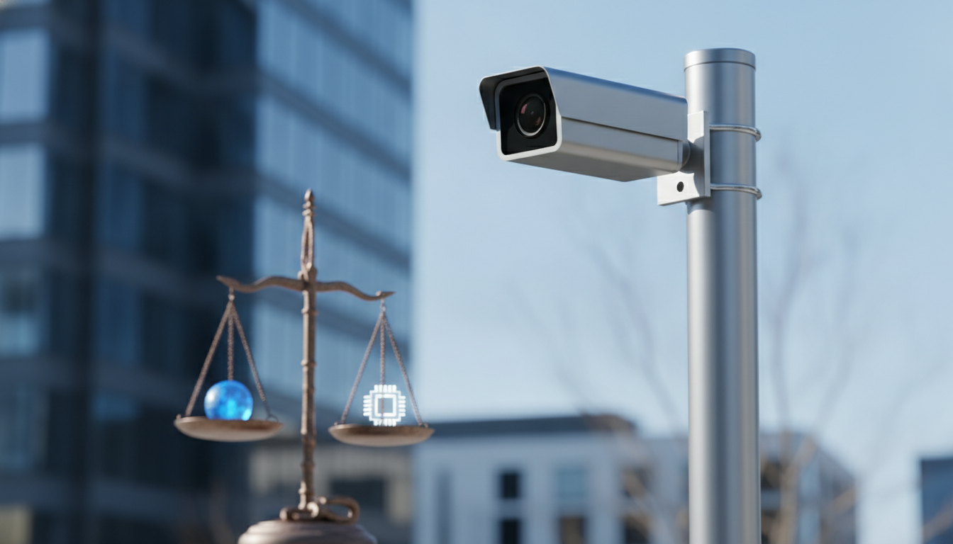 A conceptual editorial photograph of a license plate recognition camera mounted on a pole in an urban setting, with a small classical justice scale statue subtly placed in soft-focus foreground, symbolizing law and technology, moody professional lighting