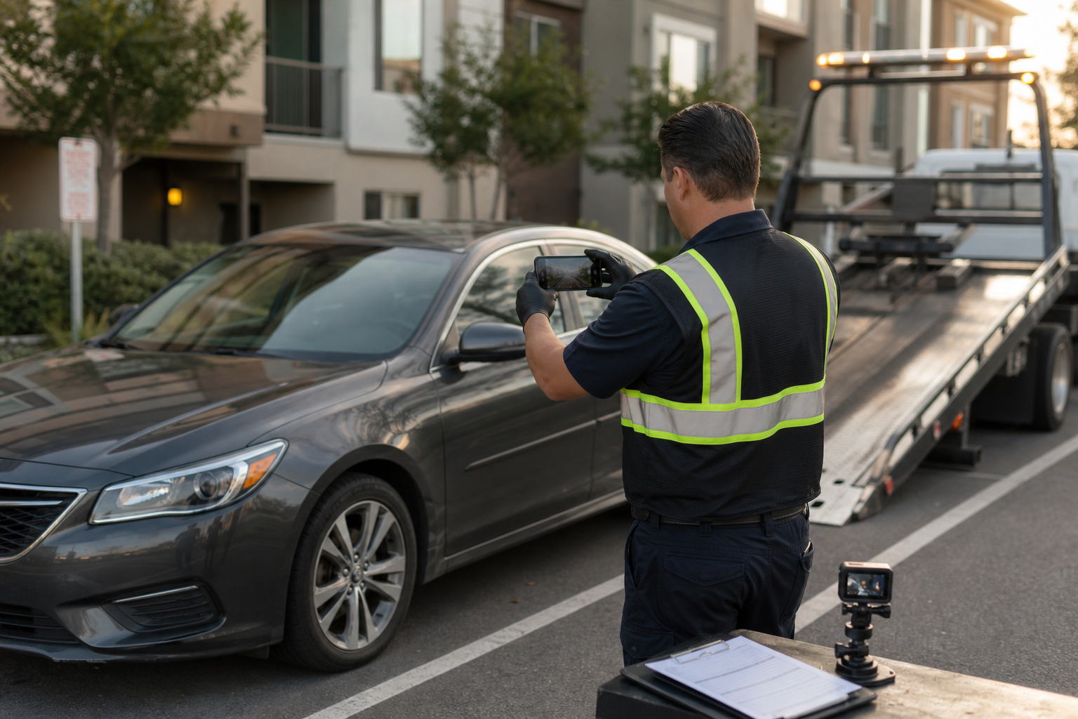 Tow operator photographing a vehicle before a private-property tow