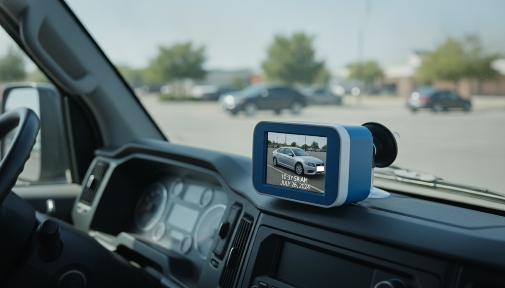 Close-up of a mobile license plate recognition camera mounted on a tow truck's dashboard, capturing a timestamped photo of a parked car in a lot, professional documentation angle