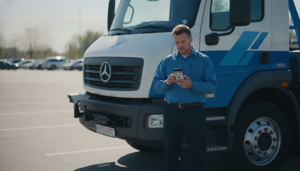 A tow truck dispatcher standing beside a tow truck in a parking lot, looking at a mobile phone displaying a vehicle permit verification screen, license plate camera visible on the truck