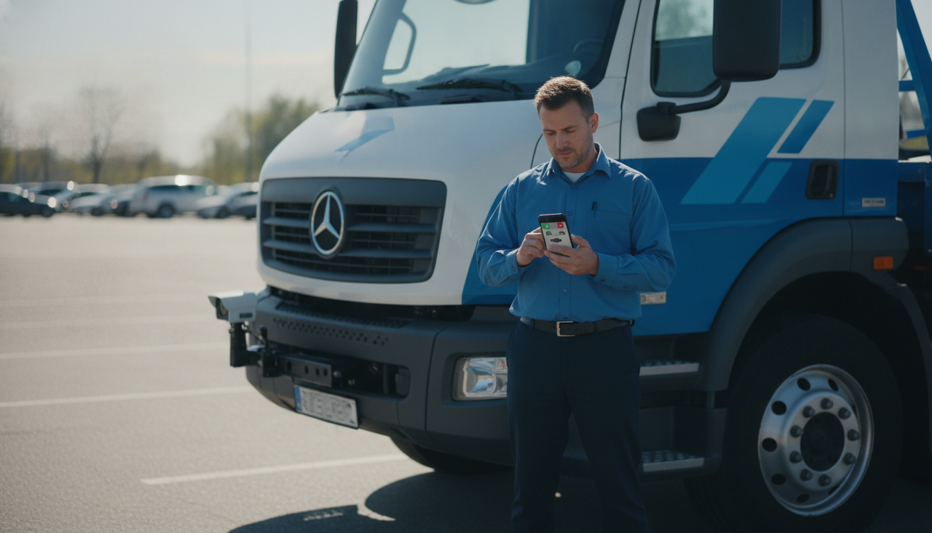 A tow truck dispatcher standing beside a tow truck in a parking lot, looking at a mobile phone displaying a vehicle permit verification screen, license plate camera visible on the truck