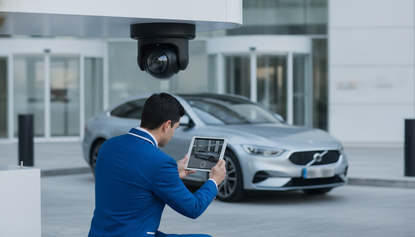 A valet attendant using a tablet to photograph the exterior of a parked car for condition documentation, at a hotel valet stand, an overhead recognition camera visible, daylight