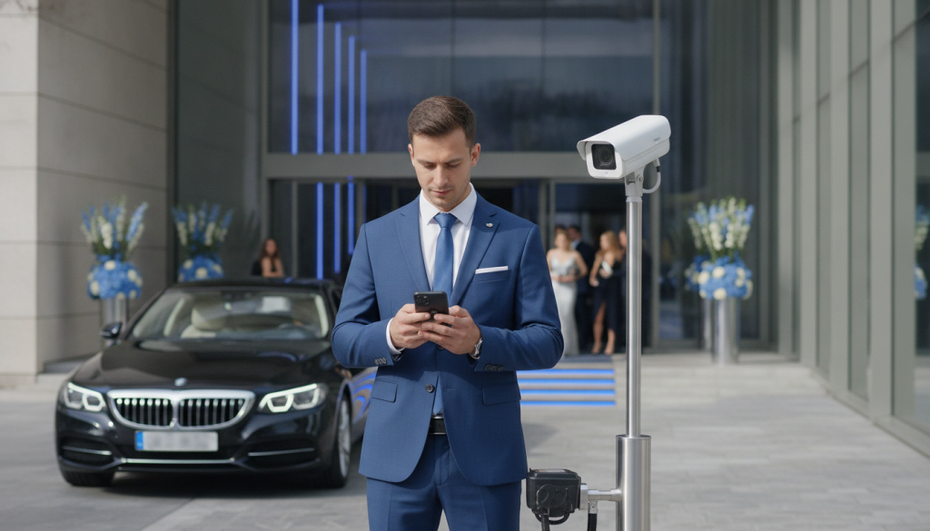 A valet attendant at an upscale event entrance glancing at a smartphone showing an SMS text notification, a license plate recognition camera mounted nearby scanning an arriving luxury car, evening event lighting