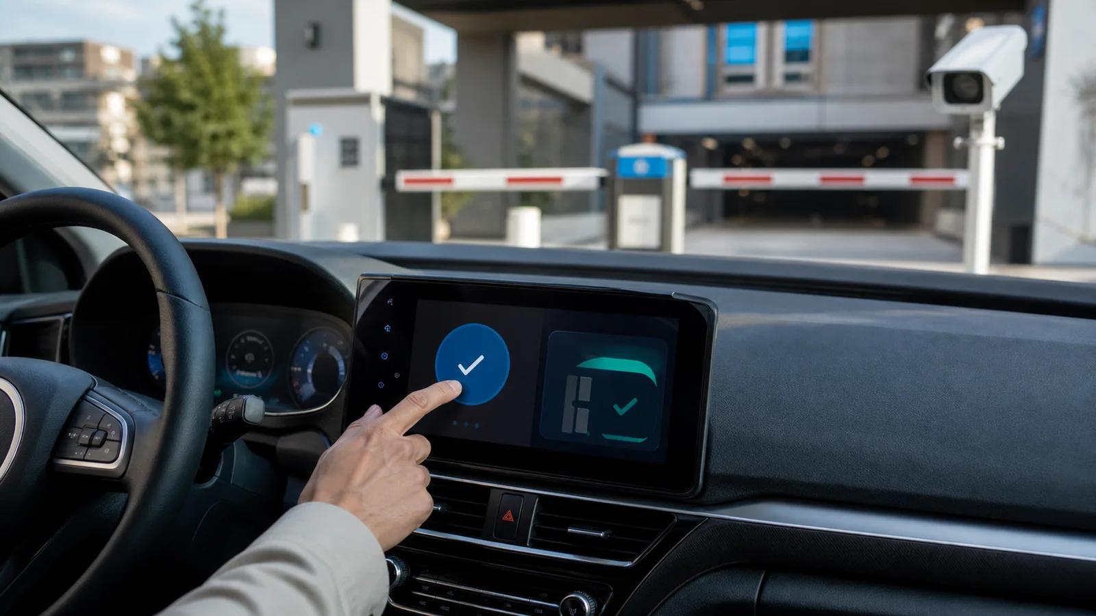 Driver confirming an in-car parking payment at a camera-equipped parking facility