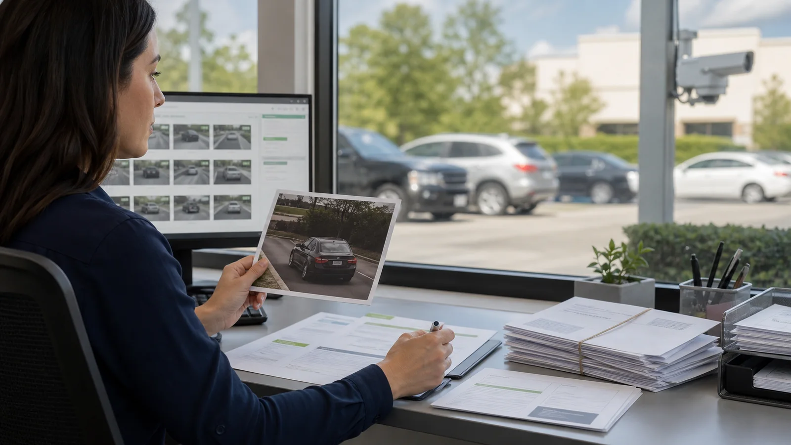 Parking operator reviewing an LPR vehicle event before preparing a registered-owner parking notice