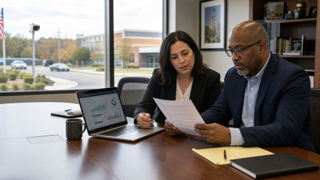 School administrators reviewing license plate reader privacy and residency verification policy