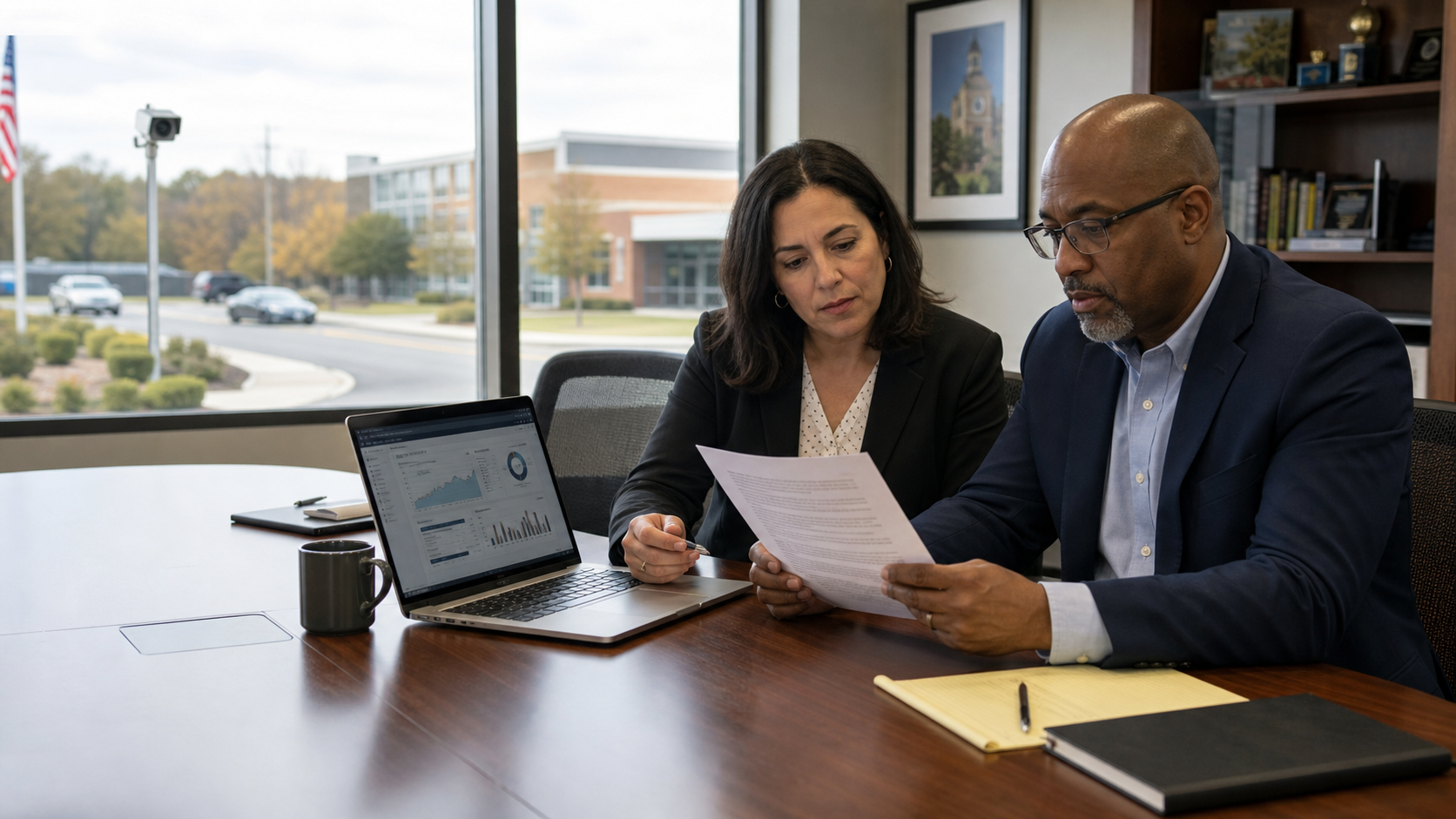 School administrators reviewing license plate reader privacy and residency verification policy