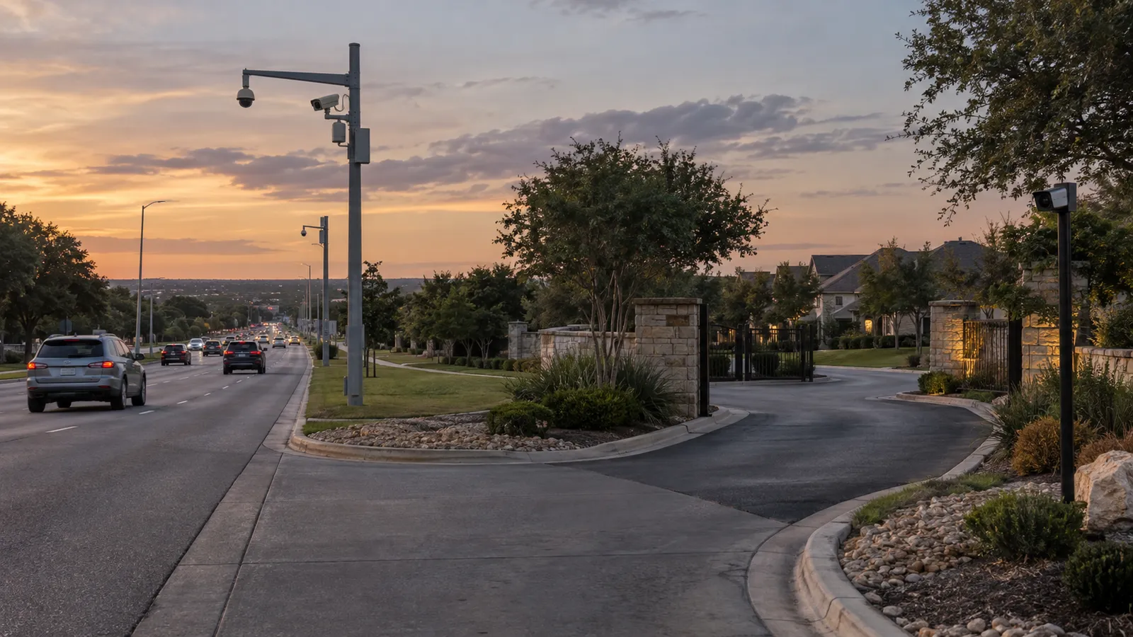 Public-road camera coverage beside a bounded residential LPR entrance.