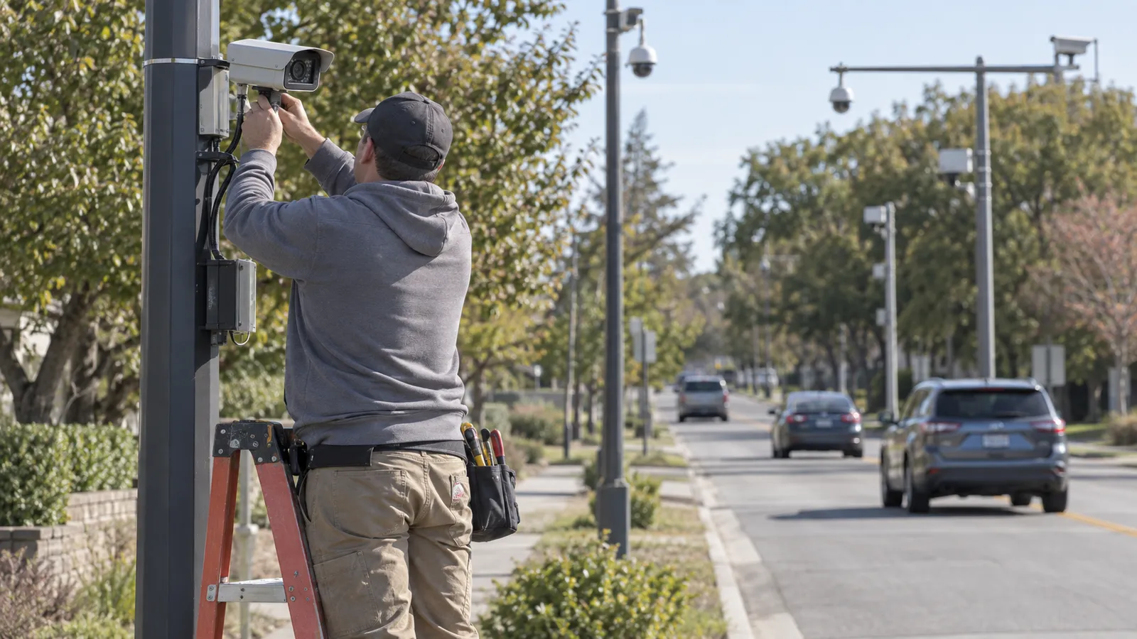 A technician replacing a roadside camera while other cameras remain in place.
