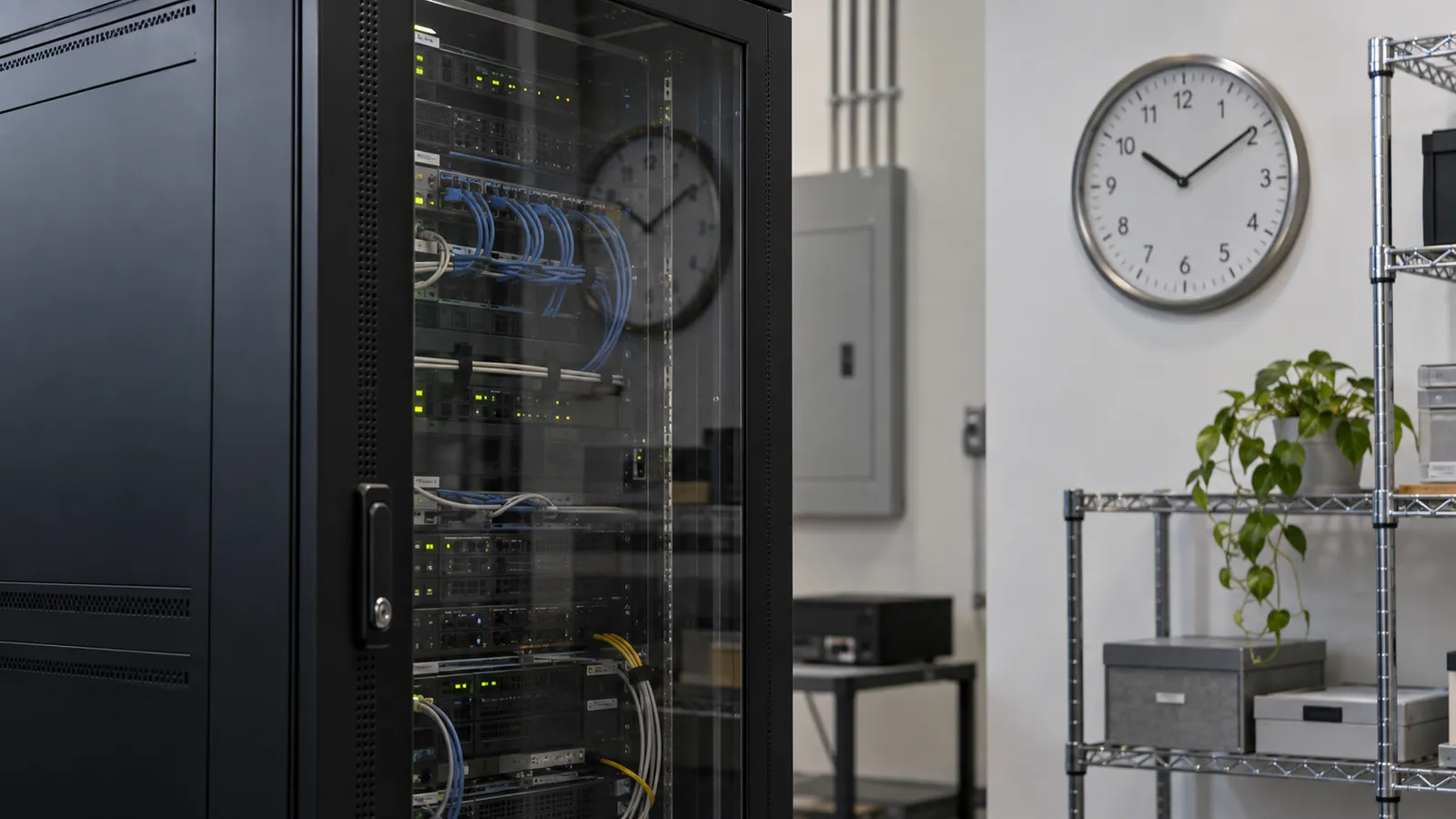 A server cabinet and clock illustrating time-limited data retention.