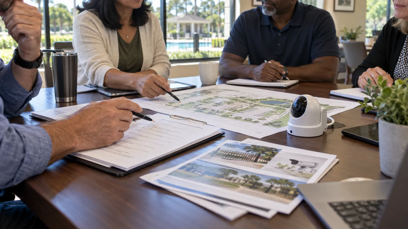 HOA board members reviewing a site plan and procurement documents.