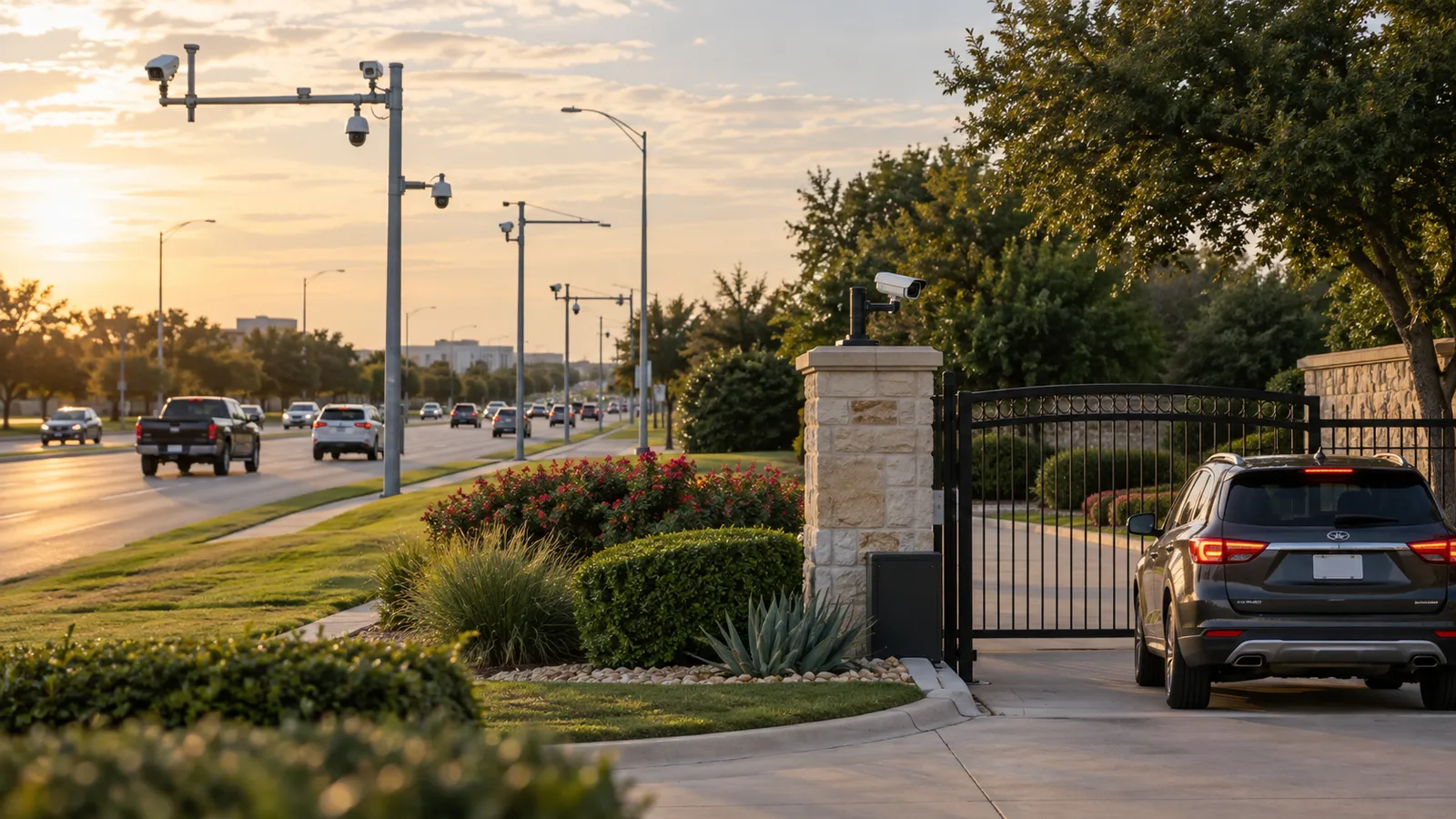 Public boulevard cameras contrasted with a private driveway entrance.