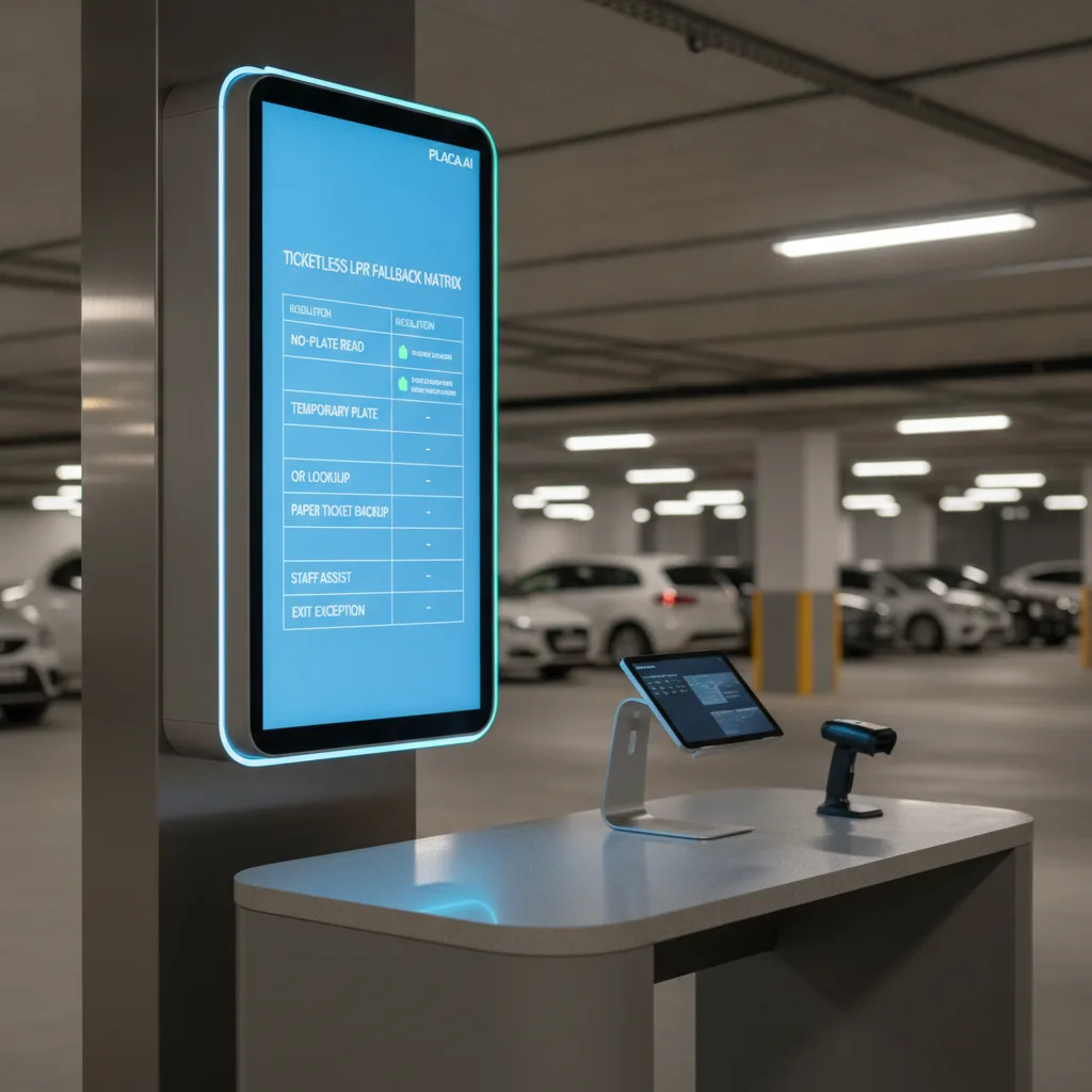 Ticketless LPR Fallback Matrix for No-Plate Parking Exits for qr self parking